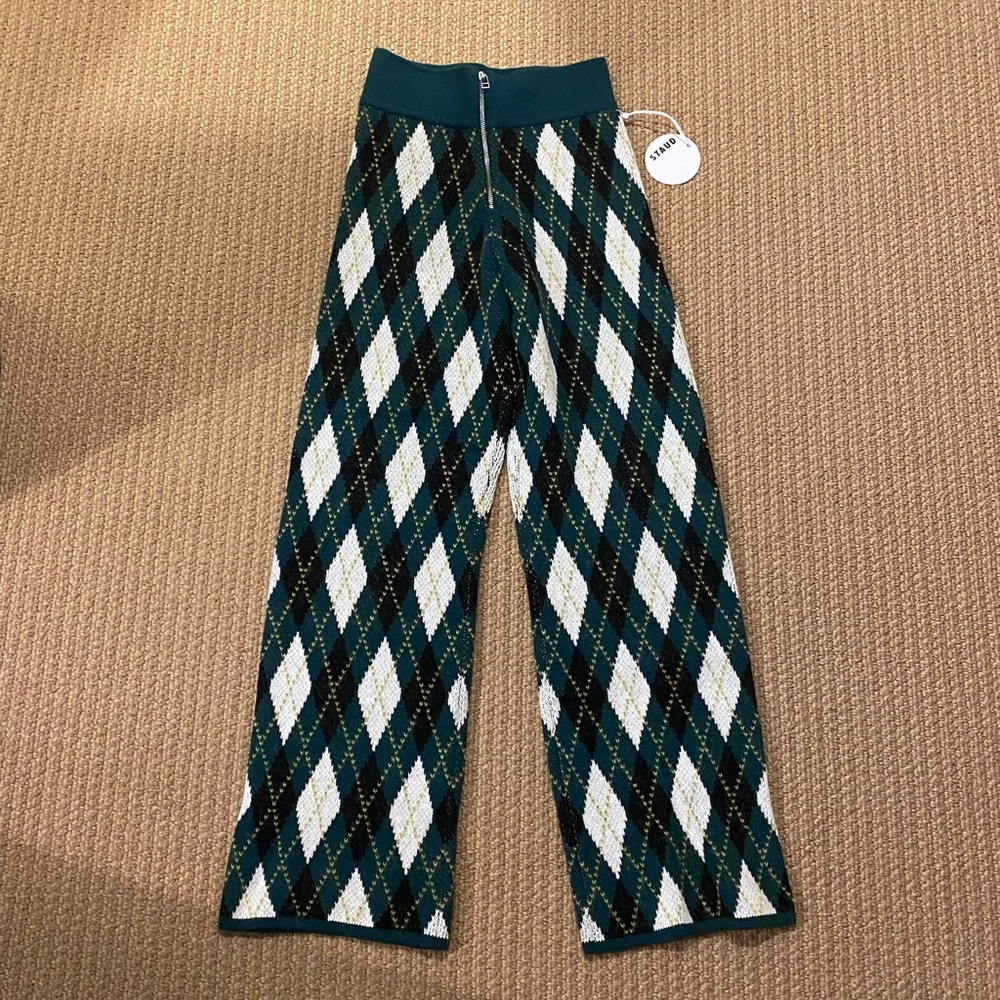 STAUD Green and White Argyle Pants